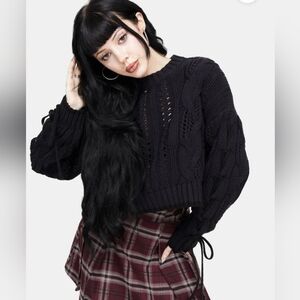 Disturbia Sycamore Cotton Lace Up Sleeve Cable Knit Crop Sweater - Navy